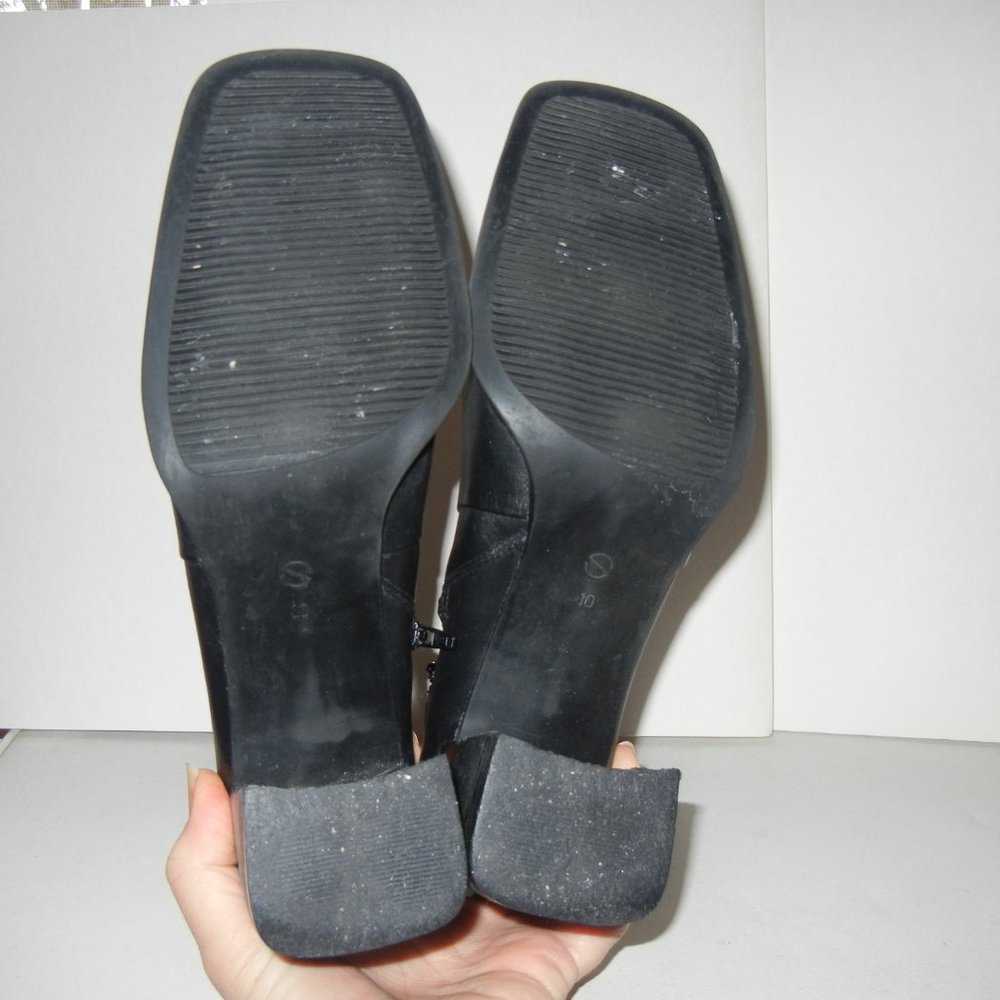 Y2K Chunky Vintage 10M Black Leather Ankle Boot Full Zip Block Heel Square Toe - Picture 6 of 12